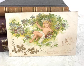 Antique Postcard, Cherub with Embossed Violets, Love, Raphael Tuck, 1906