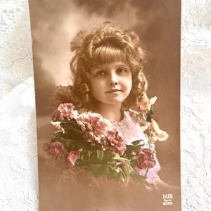 Antique French Postcard, Pretty Girl with Flowers, Real Photograph