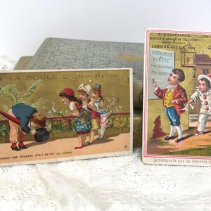 Antike französische Handelskarten, Paris, hübsche Mädchen und Jungen, Pierrot, Rosa und Gold