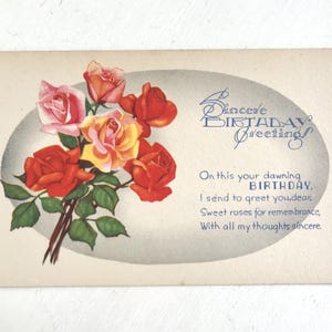 Vintage Postkarte Blumengeburtstag Postkarte rote Rosen, 1930er Jahre, unbenutzt, Art Deco