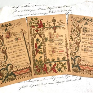 Collection of Antique French First Communion Cards, Religious Ephemera, Gold Highlights, Ornate Script, Art Nouveau, 1889 Three Cards
