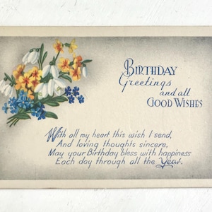 Vintage Postkarte, Blumen Geburtstagspostkarte, Schneeglöckchen und Vergissmeinnicht, 1930er Jahre, unbenutzt, Art Deco