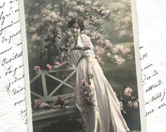 French Antique Postcard, Pretty Woman in Beautiful Dress, Ponk Flowers, Hand Tinted Real Photograph Art Nouveau, Arjelew Photographer