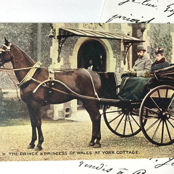 Vintage Postcard, Prince and Princess of Wales, Horse and Carriage, York Cottage, Hand Tinted Photograph