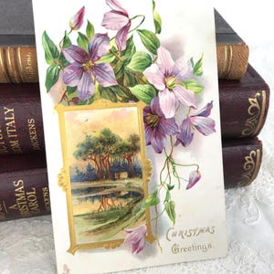 Antike Weihnachtspostkarte, Clematis und Landszene mit Landhaus, Raphael Tuck, 1907