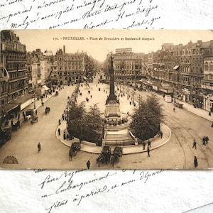 Antique Postcard, Brussels, Place de Brouckere, Anspach Fountain, Horse Drawn Carriages, Sepia Photograph