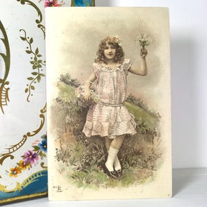 Antique Postcard, Pretty Girl with Flowers, Meissner and Busch, 1908