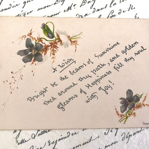 Wunderschöne Viktorianische Karte, Lila Blumen, Ein Wunsch, Valentine, Goldrand, Jugendstil, 1885