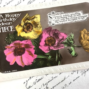 Antike Postkarte, Liebe Nichte, bunte Blumen, Geburtstagsgruß, Drehfoto