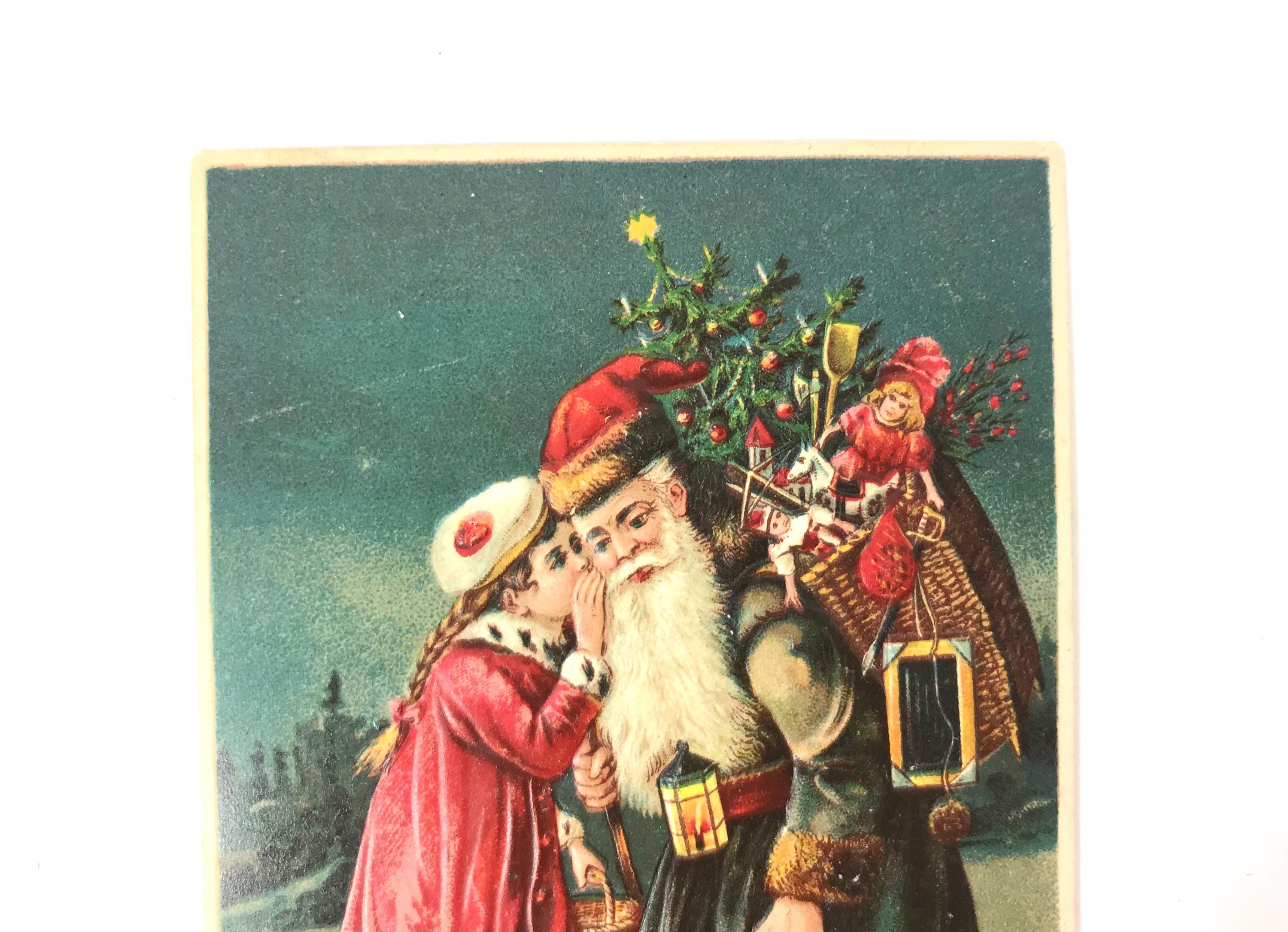 アンティークのクリスマスポストカード、サンタクロースとクリスマス