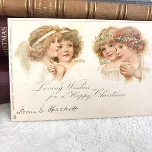 Antike Weihnachtspostkarte, Frances Brundage, betende Engel, Chromolithographie, Raphael Tuck, frühe Karte 1902