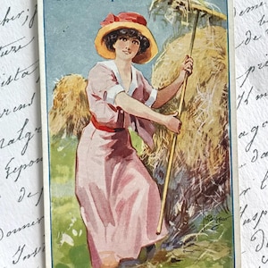 Antike Postkarte, Illustration, Frau bei der Heuernte, 'I've Met a Perfect Harke', von J L Biggar