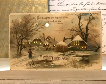 Antique Hold To Light Christmas Postcard, with a Woman and Cottage by a Pond in a Winter Scene, Shakespeare Quote, 1910