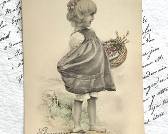 Antique French Postcard, Little Girl with Pinafore, Flower Basket, Joyeuses Paques, Illustration,  Vienne