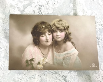 Antique Postcard, Beautiful Girl and Woman with Roses, Real Photograph, Hand Painted, 1905