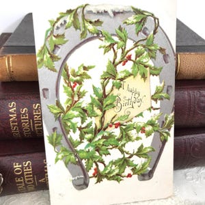 Wunderschöne antike Weihnachts-Postkarte, Mistelzweig, Holly, Glückshufeisen, Winter-Geburtstagsgruß