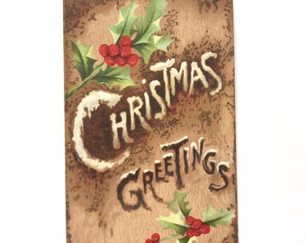 Antique Christmas Postcard  ‘Christmas Greetings’ in Large Letters Holly Berries, Embossed, Raphael Tuck Oilette