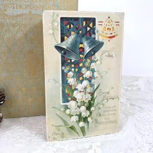 Antique Hold To Light Christmas Postcard, Silver Bells, Lily of the Valley, 1907, Art Nouveau