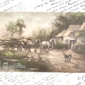 Antike Postkarte, Landdorf-Szene, Strohgedeckte Cottages, Teich, Pferde und Wagen, Kunsthandwerk, Wildt & Kray