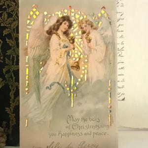 Antike Hold To Light Weihnachtspostkarte, Engel, Sterne und Glocken, Jugendstil, 1907