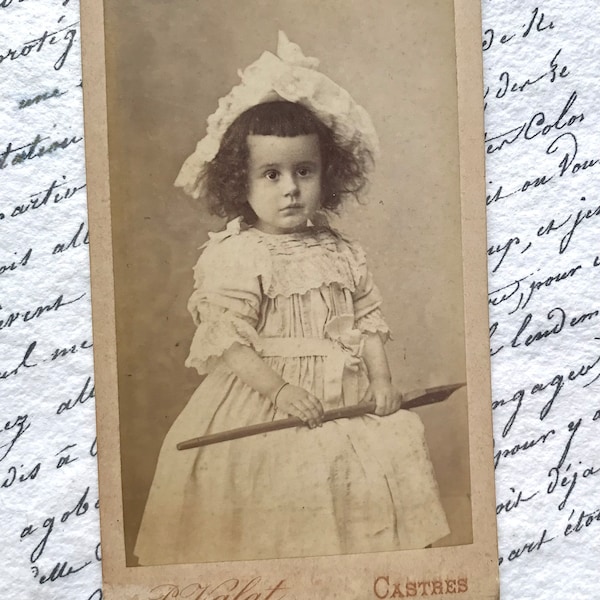 Antique French CDV, Real Photograph of a Little Girl in a Pretty Dress, Lace Bonnet, Victorian Child