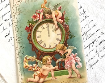 German Christmas Postcard, Embossed Cherubs, Champagne, Clock at Midnight