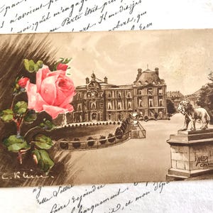 Antique Postcard, Catherine Klein, Signed, Pink Rose, Le Jardin De Luxemburg, Paris en Fleurs