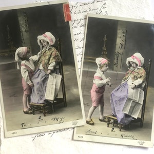 French Antique Postcards, Pretty Girl Dressed as Old Lady, Little Boy in Clogs, 1908