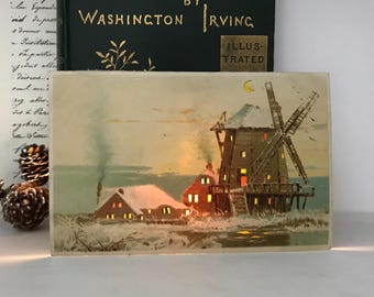 Antique Hold To Light Christmas Postcard, Windmill and Pond, Arts and Crafts