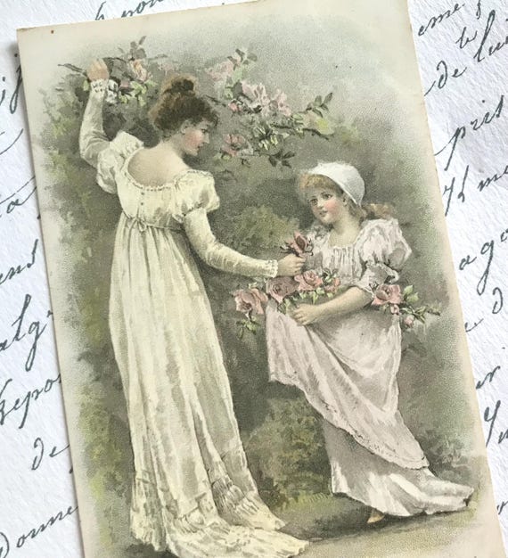 アンティーク＊ポストカード＊花を摘む美しい少女