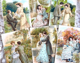 Antique Postcard, Courting Couples in the Park, Romantic, Embossed Gold Highlights, Edwardian Art Nouveau, PFB