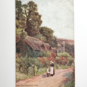Antike Postkarte, Reetdachhaus 'The Old Maid Cottage', Lee no Ilfracombe, Rose Garden, Devon