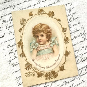 Wunderschöne viktorianische Weihnachtskarte, Hübsches Mädchen in rosa Kleid, klein, 1870