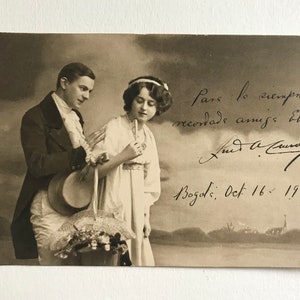 Französische Antike Postkarte, Brautpaar, echte Fotografie, 1913