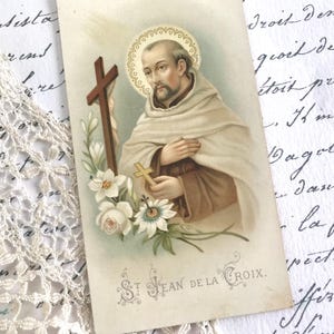 Antique French Prayer Card, Religious Ephemera, St. Jean De La Croix, Gold Highlights, Art Nouveau, Saint