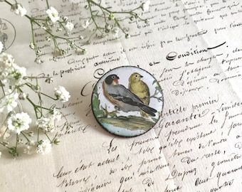 Vintage Enamel Brooch, Hand-Painted Birds in a Tree, Copper