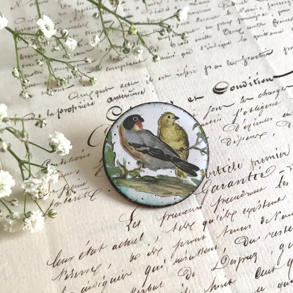 Vintage Enamel Brooch, Hand-Painted Birds in a Tree, Copper