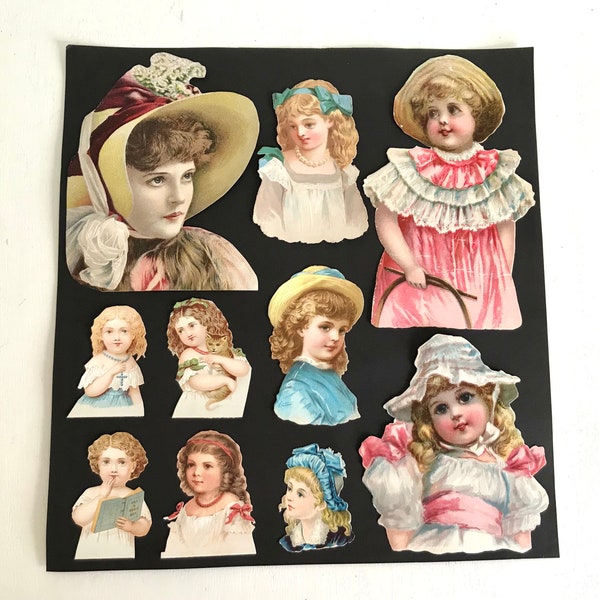 Sheet of Antique Scraps, Pretty Girls, Victorian, Bonnets, Die Cut Relief Embossed Scraps