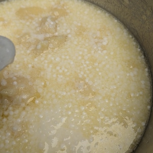 May include: Close-up of a pot filled with a creamy, off-white liquid. Small, white, spherical objects are suspended throughout the liquid, creating a textured appearance. The pot's interior is visible, with a metallic sheen.
