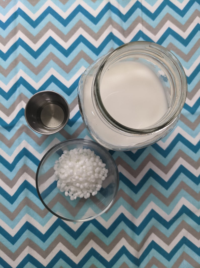 Pure raw goats milk, essential oil, emulsifying wax.  A few essential ingredients for a superior end product.