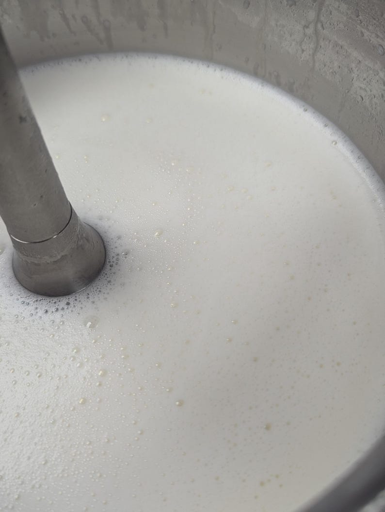 May include: Close-up of a stainless steel immersion blender in a white liquid, likely a dairy product or a sauce, inside a metal container. The liquid has small bubbles, indicating it's been recently mixed.