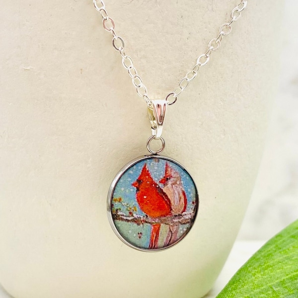 Brilliant Red Cardinal Pair Necklace, Gift for Her Hand Painted Bird Couple Resin Jewelry, Silver Necklace, Love Never Fails Scripture Gift