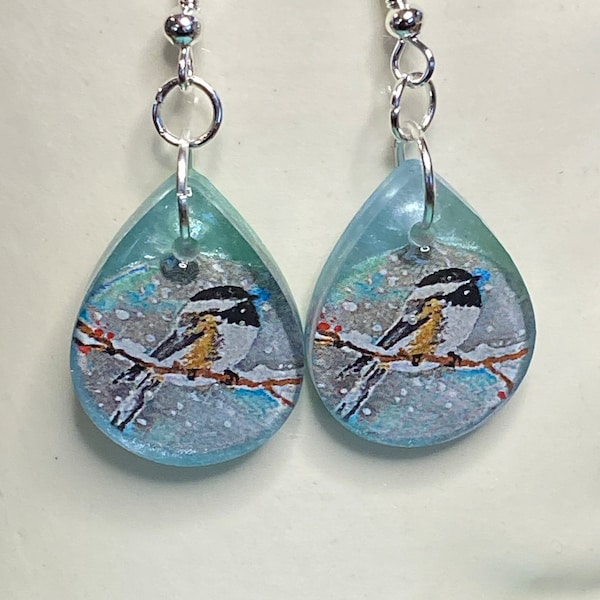 Hand Painted Chickadee earrings, Snowy Christmas Chickadee, Resin Jewelry, Sterling Silver Hooks, Gift for Her, Bird lover, gift box
