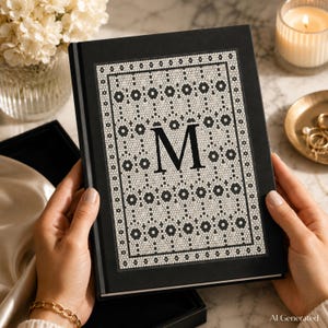 May include: A black hardback journal featuring a central white letter M surrounded by a detailed geometric mosaic pattern of small white circles and black floral shapes arranged in a rectangular border on the front cover.