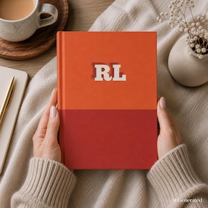 May include: A rectangular hardback notebook featuring a two-tone design with a bright orange upper half and a deep red lower half. The letters RL are printed in a bold, off-white serif font centred on the orange section of the front cover.