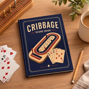 May include: A dark blue hardback book titled Cribbage Score Book with a graphic illustration of a wooden cribbage board, pegs, and a hand of playing cards featuring fives. The cover design includes cream-coloured text and decorative lines.