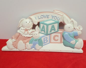 Vintage homco nursery wall plaque, bunny wall hanging, nursery decor, alphabet blocks, I love you plaque, baby's room