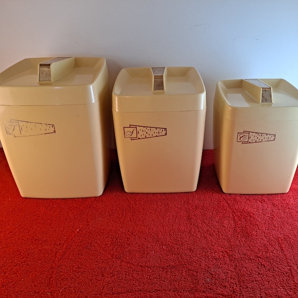 Vintage retro canister set, set of 3, flour sugar and coffee, in pale yellow and gold