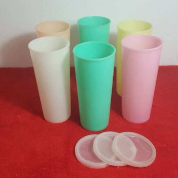 Vintage tupperware tumblers 6 piece cup set / pastel tupperware with seals lids / tupperware #107