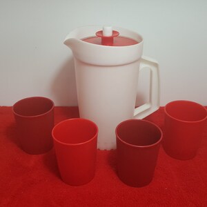 vintage tupperware pitcher, 1 quart pitcher with 4 cups, tumblers, white and red, tupperware 874, 1251, free shipping